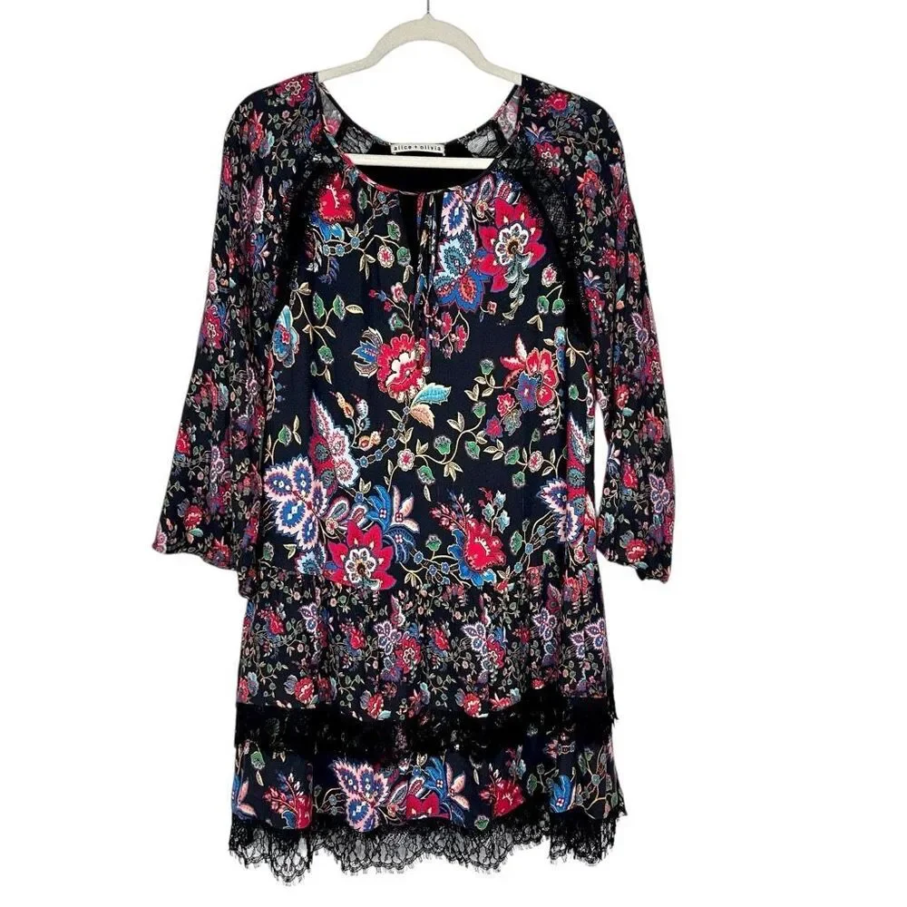 Alice + Olivia Lakita Tunic Dress Small Black Floral Long Sleeve Tiered Lace Boh - Picture 5 of 16